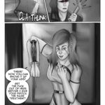 Digital art comic. In the first panel, an axe head falls to the ground with a loud cla-thunk- sound. In the second panel the thug leader is looking at the shaft without the axehead with a confused expression. In the third panel, Roxie is flipping the bird to the thug leader and flashing her mantis blade and yells: "There! Now you can shove it up your ass! Get the fuck out of here before I give your piroca the same treatment!"