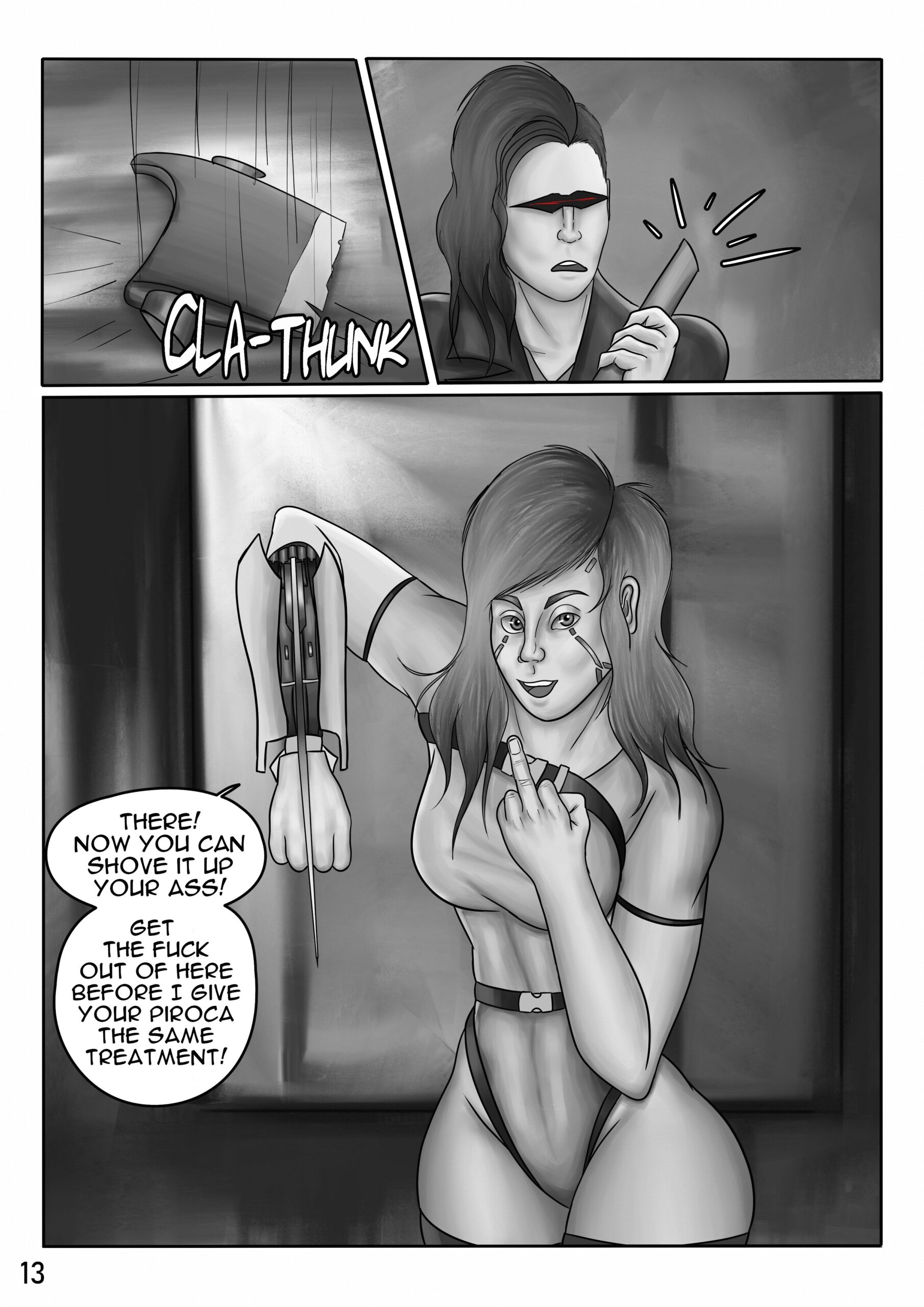 Digital art comic. In the first panel, an axe head falls to the ground with a loud cla-thunk- sound. In the second panel the thug leader is looking at the shaft without the axehead with a confused expression. In the third panel, Roxie is flipping the bird to the thug leader and flashing her mantis blade and yells: "There! Now you can shove it up your ass! Get the fuck out of here before I give your piroca the same treatment!"