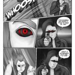 Digital art comic page. First panel: A bed is flung upward with a loud whoosh sound. Second panel. The thug leader clutches to his pistol with a worried expression and he sees the bed crashing into the wall. Third panel: A close up of Sif's angry cybernetic eye. You can see the text "kiroshi" in it. Fourth panel: The thug leader points to Sif with his pistol and defiantly yells: "You wanna be first?! That's fine by me!" Fifth panel: Sif charges towards the thug leader with berserker rage. Bullet's are hitting her, but she's not flinching. Sixth panel: The thug leader quivers in fear and thinks to himself: "Did I forget to re-". He squeezes the trigger in panic but the gun doesn't shoot anymore.