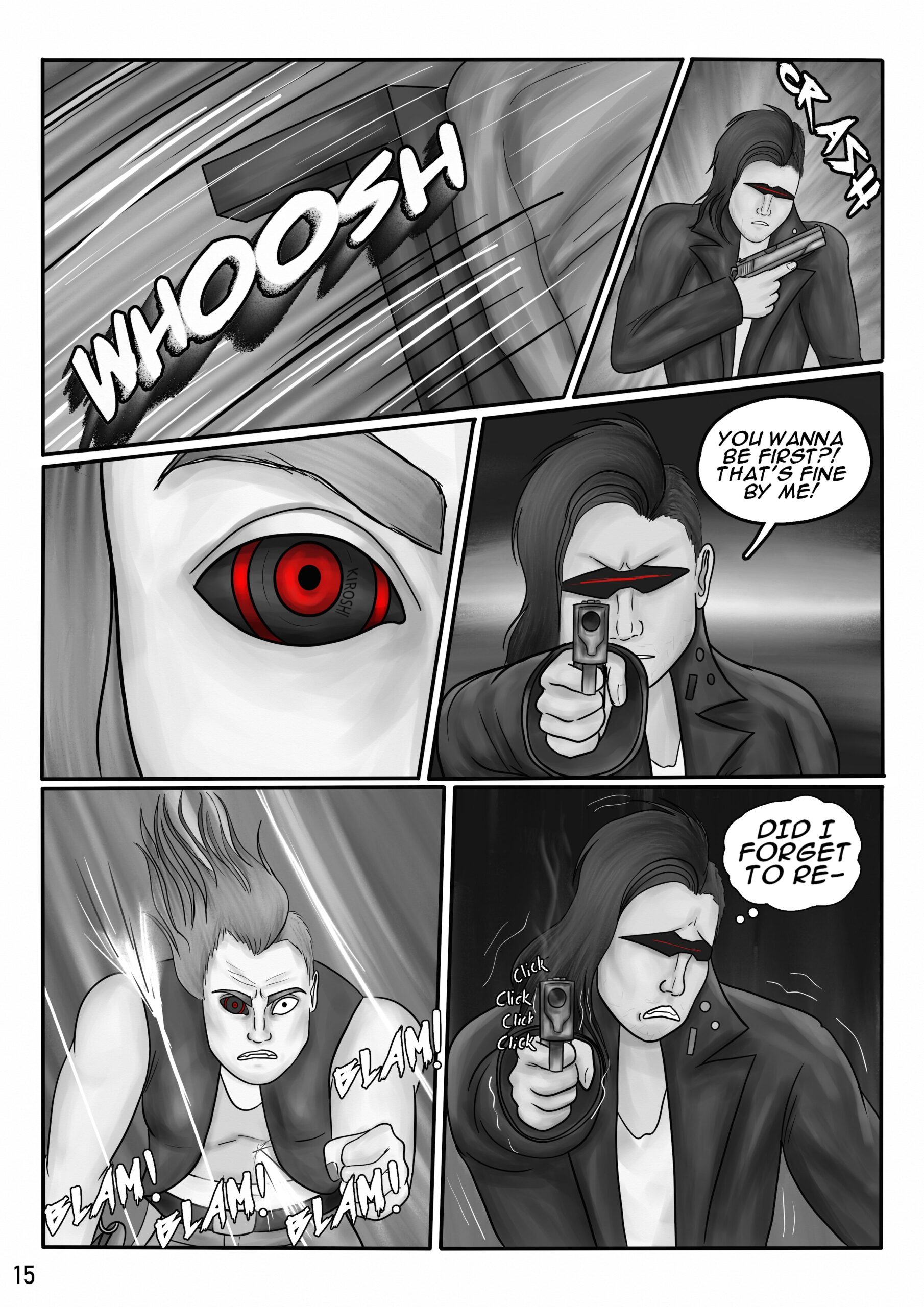 Digital art comic page. First panel: A bed is flung upward with a loud whoosh sound. Second panel. The thug leader clutches to his pistol with a worried expression and he sees the bed crashing into the wall. Third panel: A close up of Sif's angry cybernetic eye. You can see the text "kiroshi" in it. Fourth panel: The thug leader points to Sif with his pistol and defiantly yells: "You wanna be first?! That's fine by me!" Fifth panel: Sif charges towards the thug leader with berserker rage. Bullet's are hitting her, but she's not flinching. Sixth panel: The thug leader quivers in fear and thinks to himself: "Did I forget to re-". He squeezes the trigger in panic but the gun doesn't shoot anymore.