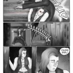 Digital art comic book page. First panel: Sif tackles the thug with great force, knocking the air out of him. He drops his pistol. Second panel: The thug leader flies through a window with a horrified expression on his face. Third panel: The thug leader falls from a great height and shouts in horror at his fate. Fourth panel: Sif catches her breath and looks at the falling thug leader with a fierce expression on her face. Fifth panel: Sif sighs and closes her eyes. Roxie yells from the room: "Damn girl!"