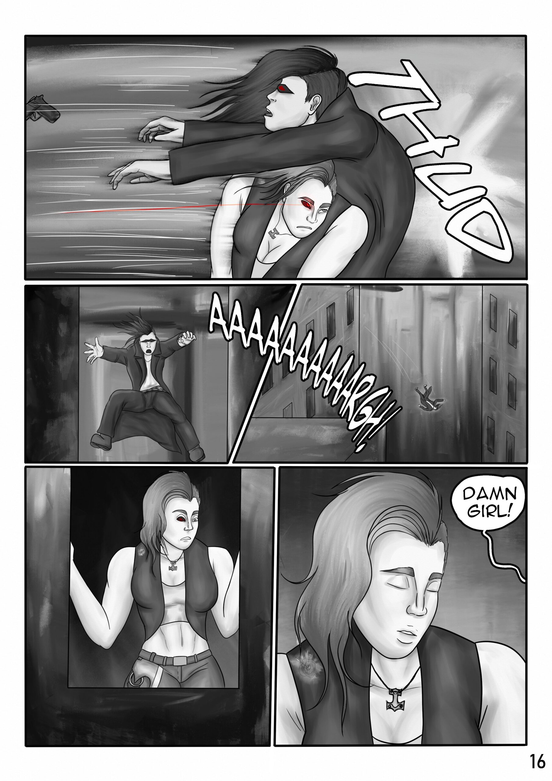 Digital art comic book page. First panel: Sif tackles the thug with great force, knocking the air out of him. He drops his pistol. Second panel: The thug leader flies through a window with a horrified expression on his face. Third panel: The thug leader falls from a great height and shouts in horror at his fate. Fourth panel: Sif catches her breath and looks at the falling thug leader with a fierce expression on her face. Fifth panel: Sif sighs and closes her eyes. Roxie yells from the room: "Damn girl!"