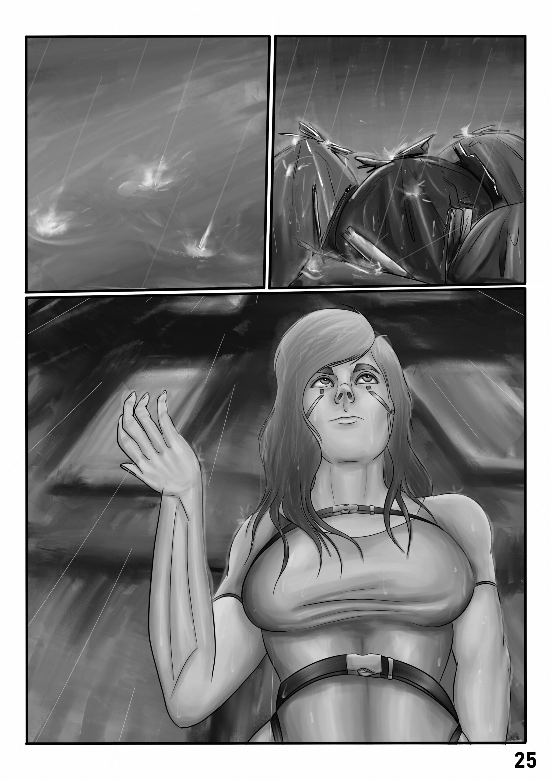 Digital art comic book page. On the page is a scene of raindrops falling down on the concrete pavement and the nearby piles of trash. Rain pours down on Roxie, and she's holding out her hand to feel the rain as she looks upward. 