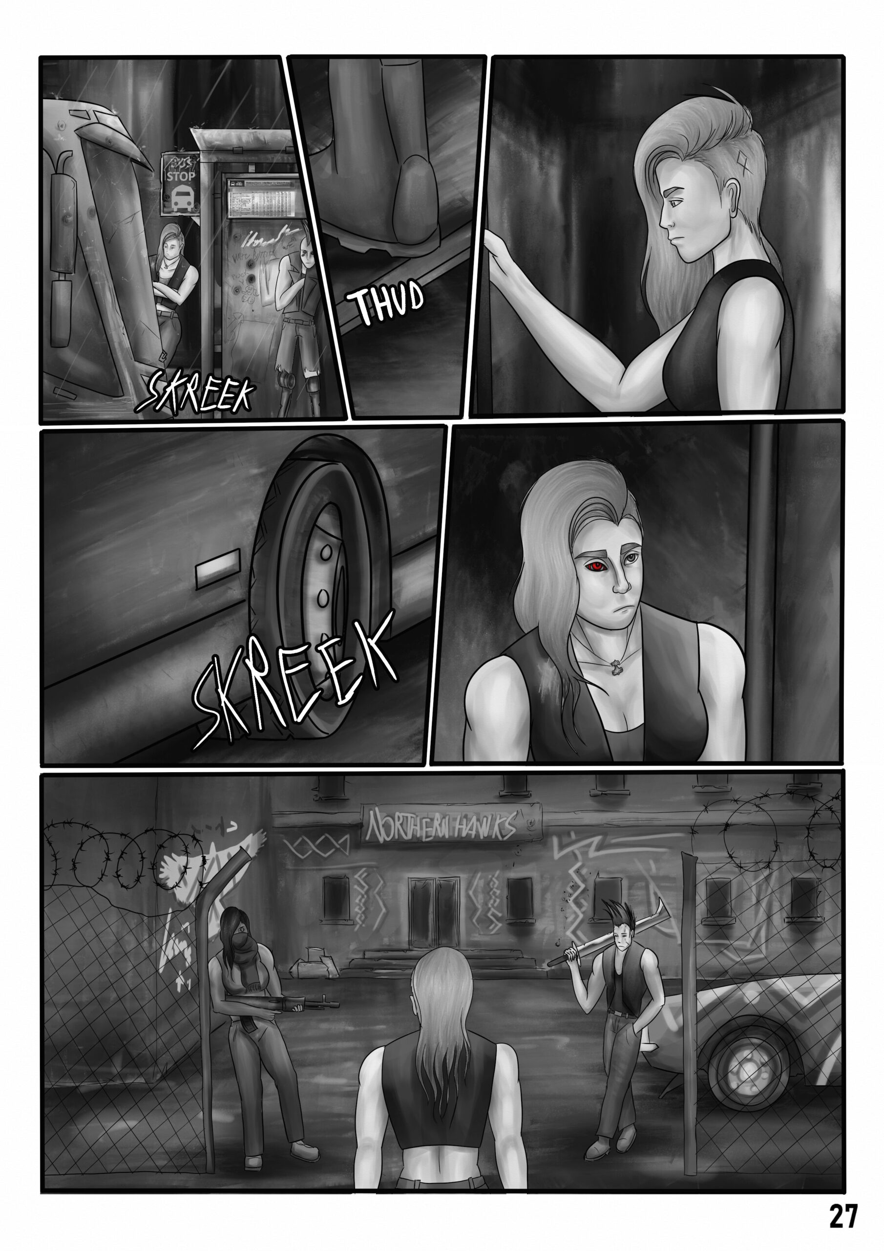 First panel. Sif and a random person are waiting for a bus under a bus stop. A bus arrives with it's tires screeching. Second panel. Sif steps on the bus with a thud sound. Third panel: Sif stand at the bus and is holding onto a pole. Her expression is very absent and ponderous. Fourth panel. Picture of a bus tire. The bus comes to a halt again with it's tires screeching. Fifth panel. Sif steps out of the bus and looks outside with a blank gaze. Sixth panel. Sif walks towards a gate, guarded by two armed individuals. The building in front of her is a run-down police station that's occupied by a gang. There's gang tags everywhere and the big sign in fron of the front door where it used to read "NCPD" has been tagged over with a text: Northern Hawks".