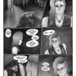 Digital art comic book page. First panel. Sif walks into an old lobby that's inhabited by gang members. Their clothes very similiar to hers. Second panel. Sif's face looks worried and stressed and she thinks to herself: "Fuck..." Third panel. Sif sighs and goes things over in her mind: "Why am I so anxious about this? The gig could've went worse, I could've returned empty handed. Hell- I could've died back there. Just drop the eddies in there and leave. No big deal..." Fourth panel. Sif's thoughts get interrupted by a very chirpy: "Hej, Sif". She looks surprised. Fifth panel. A shaggy looking man with a beanie and a beard is sitting on the ground and asking curiously:" You okej? You're looking a little stressed. How did the gig turn out?" The man has an icelandic accent, just like Sif does. Sixth panel: Sif tries to pretend like nothing is wrong and says with a serious expression: "Oh hæ Jorgen. The gig? Well I'm here aren't I? It was ok".