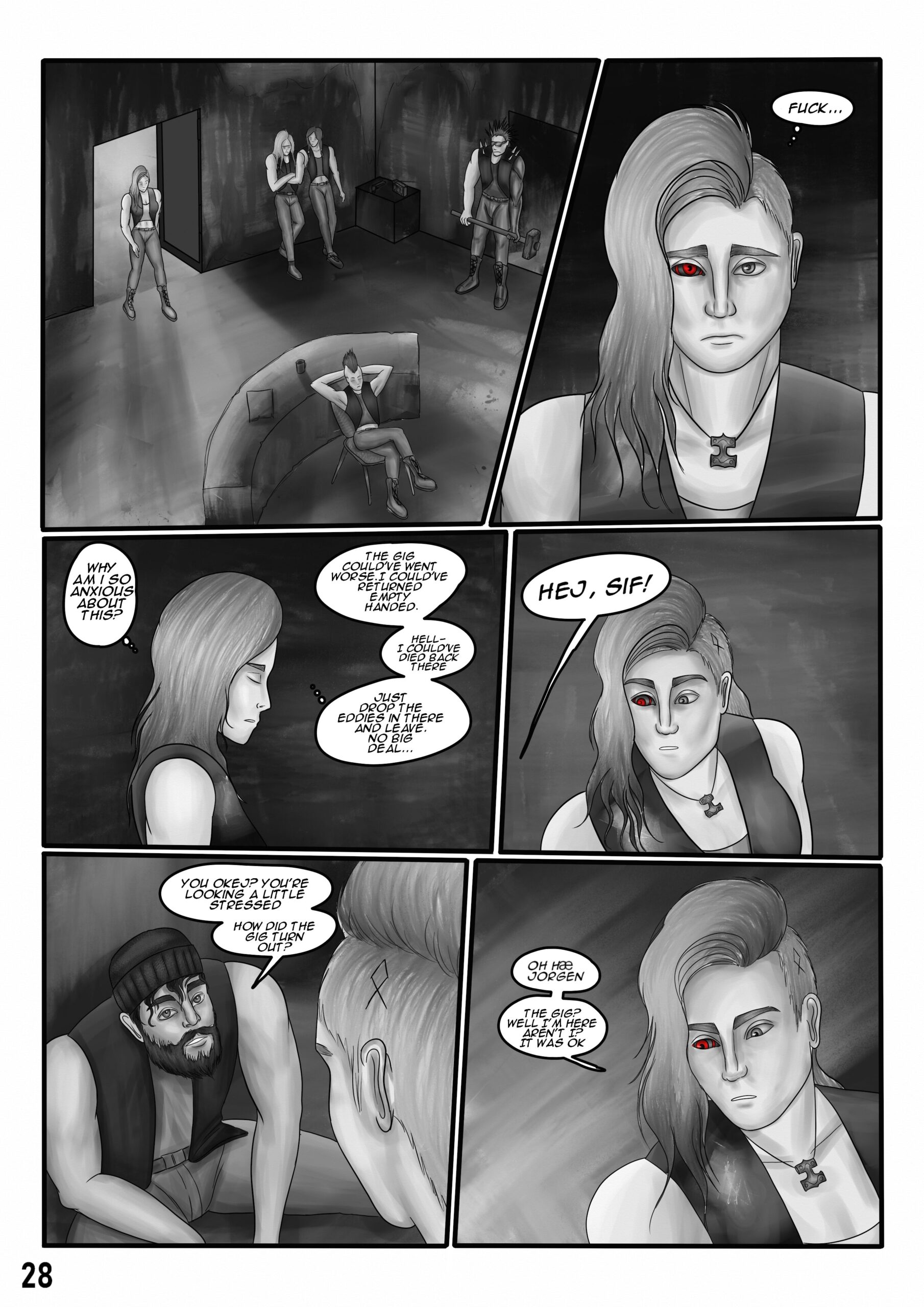 Digital art comic book page.

First panel. Sif walks into an old lobby that's inhabited by gang members. Their clothes very similiar to hers.

Second panel. Sif's face looks worried and stressed and she thinks to herself: "Fuck..."

Third panel. Sif sighs and goes things over in her mind: "Why am I so anxious about this? The gig could've went worse, I could've returned empty handed. Hell- I could've died back there. Just drop the eddies in there and leave. No big deal..."

Fourth panel. Sif's thoughts get interrupted by a very chirpy: "Hej, Sif". She looks surprised.

Fifth panel. A shaggy looking man with a beanie and a beard is sitting on the ground and asking curiously:" You okej? You're looking a little stressed. How did the gig turn out?" The man has an icelandic accent, just like Sif does.

Sixth panel: Sif tries to pretend like nothing is wrong and says with a serious expression: "Oh hæ Jorgen. The gig? Well I'm here aren't I? It was ok".