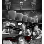 Webcomic page. First panel. Three people are sitting at a bardesk. They look somber and sad. The one on the right is holding his head on his hands. A woman with a leather vest in sitting in the middle and on the right there's a person with headphones listening to music. Second panel. Bartender is filling a row of shot glasses. Third to seventh panel. The woman (Sif) is drinking shots rapidly as bad memories are going through her head. Her expression changes from grimacing to sad to empty. She can hear the awful things in her mind: "Is that a fucking joke?! Are you trying to insult the clan leader?! It does seem like a quite meager sum. No it's a good sum, if I raised my daughter to be a joytoy. Sorry doesn't cut it, do better." Eighth panel: The bartender has crossed her arms and the bar table is full of empty shot glasses.