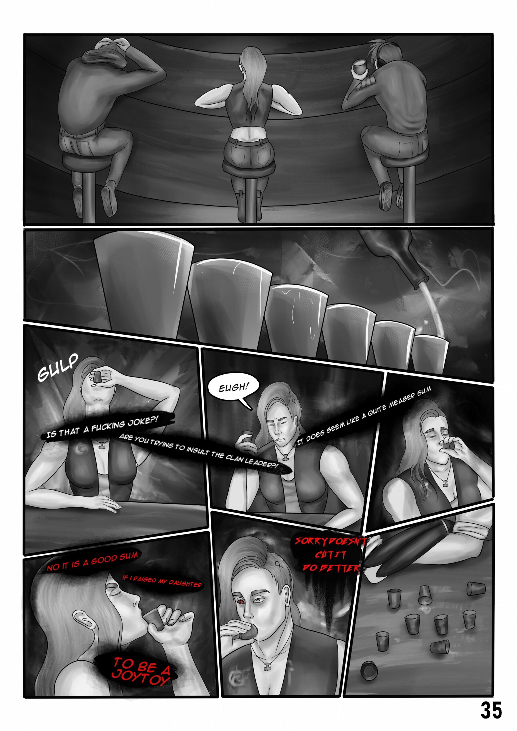 Webcomic page. First panel. Three people are sitting at a bardesk. They look somber and sad. The one on the right is holding his head on his hands. A woman with a leather vest in sitting in the middle and on the right there's a person with headphones listening to music. Second panel. Bartender is filling a row of shot glasses. Third to seventh panel. The woman (Sif) is drinking shots rapidly as bad memories are going through her head. Her expression changes from grimacing to sad to empty. She can hear the awful things in her mind: "Is that a fucking joke?! Are you trying to insult the clan leader?! It does seem like a quite meager sum. No it's a good sum, if I raised my daughter to be a joytoy. Sorry doesn't cut it, do better." Eighth panel: The bartender has crossed her arms and the bar table is full of empty shot glasses.