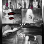 Digital art comic. First panel: A woman is looking at the viewer in a frustrated manner and says: "Okay, choom. Think you've had enough. Go home." Second panel: The angry barbaric woman with a half-bald hair and a leather vest looks at the bartender angrily and flips her the middle finger. She says: "Did I ask you to stop? Keep pouring, bitch". Third panel: The bartender looks like that she's had it with the punk. She looks down on her with an angry expression. Fourth panel: A view from the outside. It is raining and shouting can be heard from inside the bar. The bartender yells for help: "Adam! We got a fucking gonk here who doesn't know how to get out! Show her would you?" an angry and violent voice belonging to the barbarian woman yells back: "Get your fucking hands off me, you son of a bitch!!!". The bartender replies: "Get the fuck out of my bar, street trash...". The viking woman desperately yells back: "I'll kill you, I swear to god I will rip your face off!!!". Fifth panel: The barbarian woman flies through the entrance of the bar. She looks very unbalanced. Sixth panel: The barbarian woman lies on the wet concrete streets face down, her hand hanging over a sidewalk. She has scratches on her arm. Seventh panel: The barbarian woman is crawling on the ground and she looks down with a dazed stare. Her mouth is dripping blood and she is injured. Rain pours on the streets.