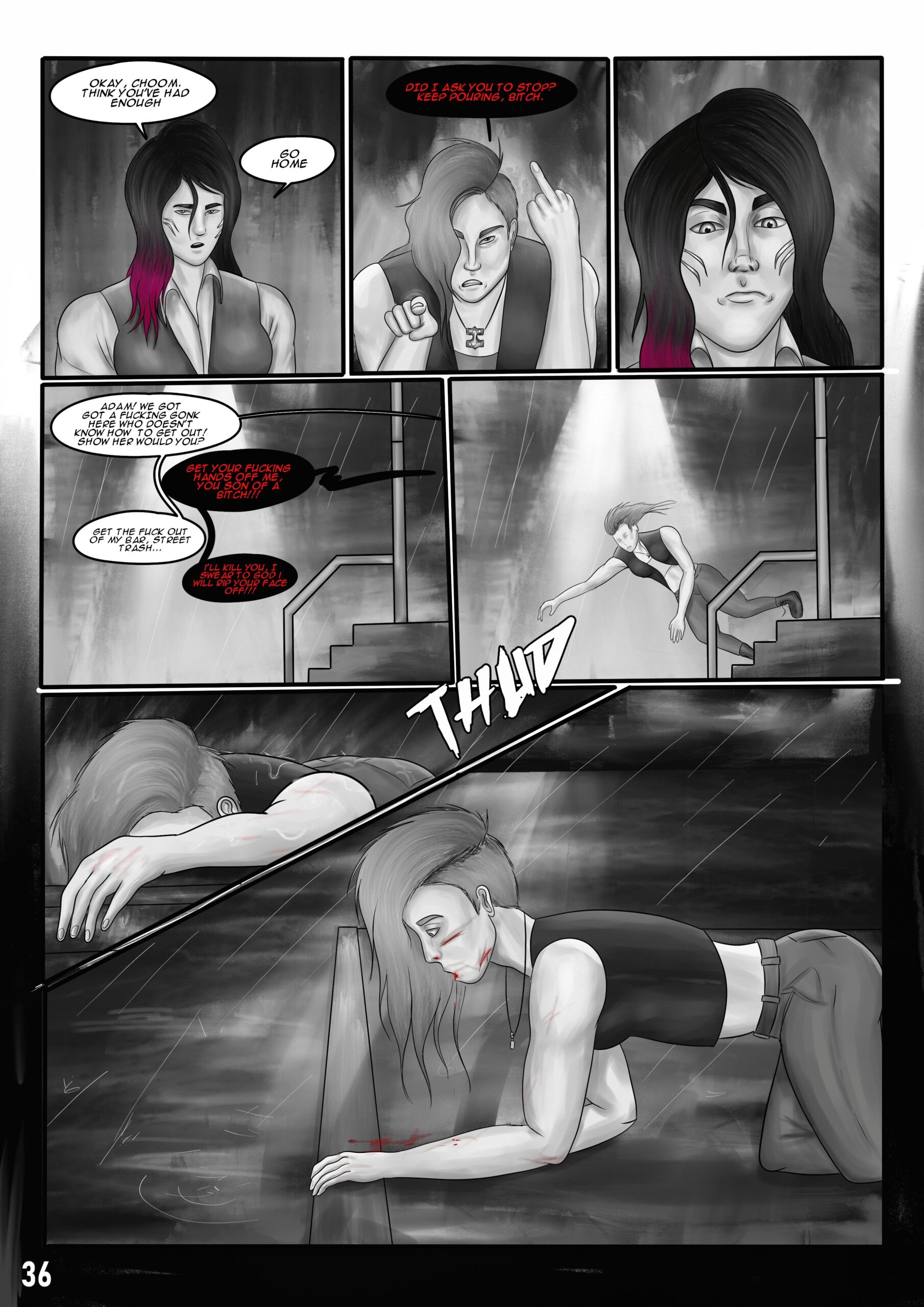 Digital art comic. First panel: A woman is looking at the viewer in a frustrated manner and says: "Okay, choom. Think you've had enough. Go home." Second panel: The angry barbaric woman with a half-bald hair and a leather vest looks at the bartender angrily and flips her the middle finger. She says: "Did I ask you to stop? Keep pouring, bitch". Third panel: The bartender looks like that she's had it with the punk. She looks down on her with an angry expression. Fourth panel: A view from the outside. It is raining and shouting can be heard from inside the bar. The bartender yells for help: "Adam! We got a fucking gonk here who doesn't know how to get out! Show her would you?" an angry and violent voice belonging to the barbarian woman yells back: "Get your fucking hands off me, you son of a bitch!!!". The bartender replies: "Get the fuck out of my bar, street trash...". The viking woman desperately yells back: "I'll kill you, I swear to god I will rip your face off!!!". Fifth panel: The barbarian woman flies through the entrance of the bar. She looks very unbalanced. Sixth panel: The barbarian woman lies on the wet concrete streets face down, her hand hanging over a sidewalk. She has scratches on her arm. Seventh panel: The barbarian woman is crawling on the ground and she looks down with a dazed stare. Her mouth is dripping blood and she is injured. Rain pours on the streets.