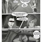 Digital art comic book page. In the first panel the thug leader points to Roxie accusatively and says: "What the fuck are you doing on our turf? And why the hell did you run away when you saw us? Roxie holds her hands up and says: "We- I mean I didn't know it was your turf, I swear! We were looking for a vendit nearby and were afraid you were gonna shoot us!". The thug asks again: "Where's your friend?" to which Roxie answers: "She tripped me and ran through the window..." In the second and third panel the thug says: "Aww that's fucking adorable! Little kitty cat finds out the hard way that you can't trust any poser off the streets to have your back." Roxie pleads: "Sir, just please let me go. I promise I won't come here ever again". In the fourth panel we can see that Sif didn't actually escape through the window, but is hiding under the bed with a pistol. The thug laughs out loud and says: "You're not in a place to have any kind of negotiations with me ... little kitten". He steps closer to Roxie.