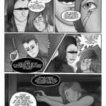 Digital art comic book page. In the first panel the thug leader points to Roxie accusatively and says: "What the fuck are you doing on our turf? And why the hell did you run away when you saw us? Roxie holds her hands up and says: "We- I mean I didn't know it was your turf, I swear! We were looking for a vendit nearby and were afraid you were gonna shoot us!". The thug asks again: "Where's your friend?" to which Roxie answers: "She tripped me and ran through the window..." In the second and third panel the thug says: "Aww that's fucking adorable! Little kitty cat finds out the hard way that you can't trust any poser off the streets to have your back." Roxie pleads: "Sir, just please let me go. I promise I won't come here ever again". In the fourth panel we can see that Sif didn't actually escape through the window, but is hiding under the bed with a pistol. The thug laughs out loud and says: "You're not in a place to have any kind of negotiations with me ... little kitten". He steps closer to Roxie.