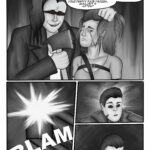 Digital art webcomic. In the first panel, the thug leader pulls Roxie by her hair and flashes his axe at her face. He threatens her by saying: "Now where were we? Ah, yes, we were about to decide what we're gonna do to you. How about we start with peeling your face off with this little thing right here? It would be a fucking shame to ruin your pretty face though, wouldn't it kitten?". In the second panel a gun shoots with a loud BLAM sound. The third and the fourth panel shows a shocked goon looking down at his feet.