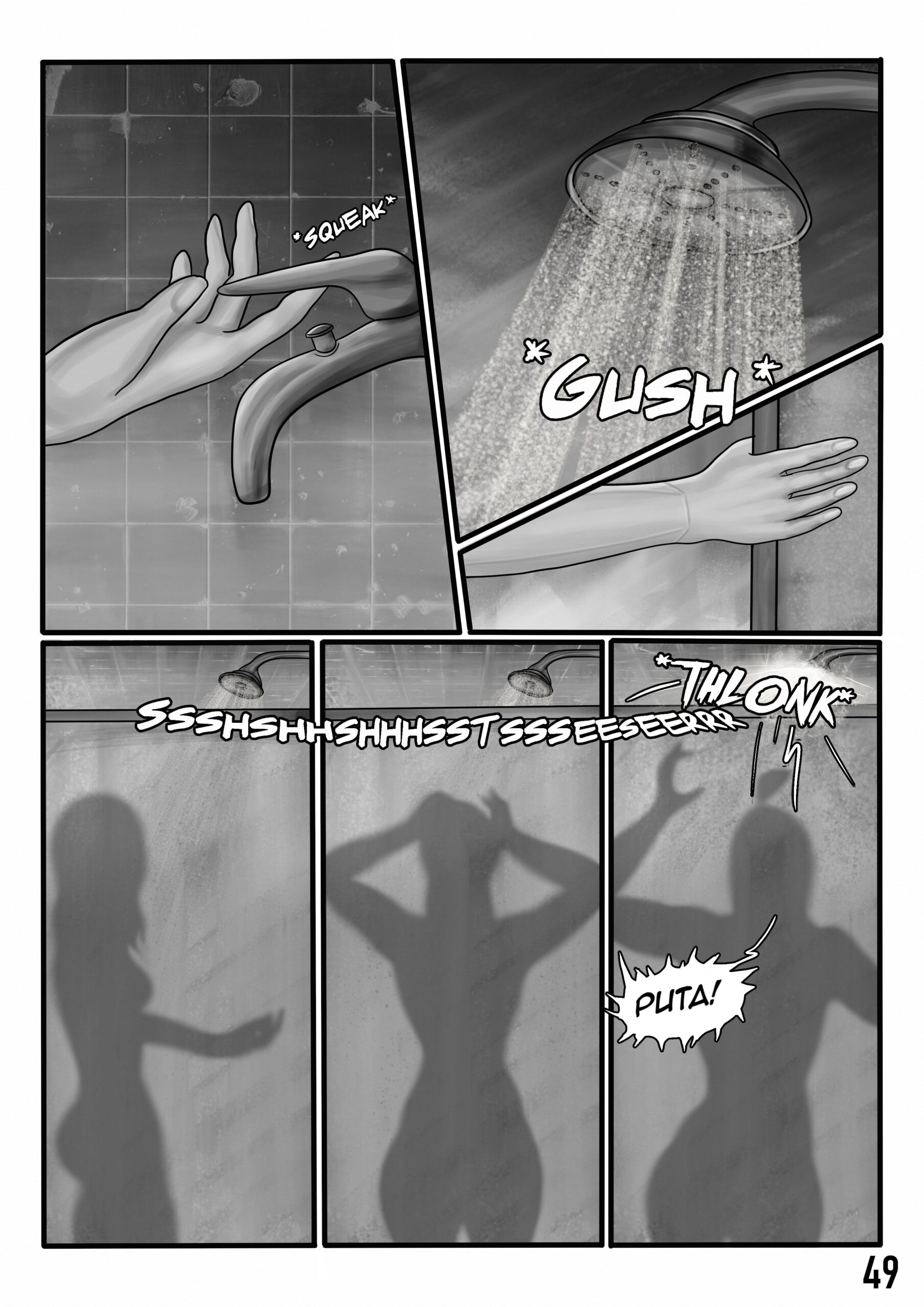 Digital art comic. Roxie flips the shower faucet on and water comes running out of the faucet up above. She tests the water to see that it's the appropriate temperature and begins showering. To her misfortune, the showerhead breaks and falls on top of her head. She yells "PUTA!" out loud.