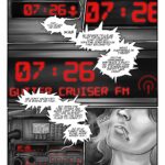 Digital art comic. A radio alarm clock on the table blasts a rogue radio newscast: "It turns out that there was one of these corporate blacksites just fifty clicks to the north of Night City. Yup... You heard right. WAS. My source tells me that the blacksite lost contact with the corporation they belong to. What happened in there? Did the prisoners instigate a riot? Did another corp or a government entity take over? We don't know yet! It's simple as that. But when the time comes and more light is shed on this mystery, this'll be the first place to cover it! So stay tuned! Now... Some more Ashes A.D." The scene transitions to a car radio and there's a mysterious figure puffing smoke from a cigarette in the last panel.